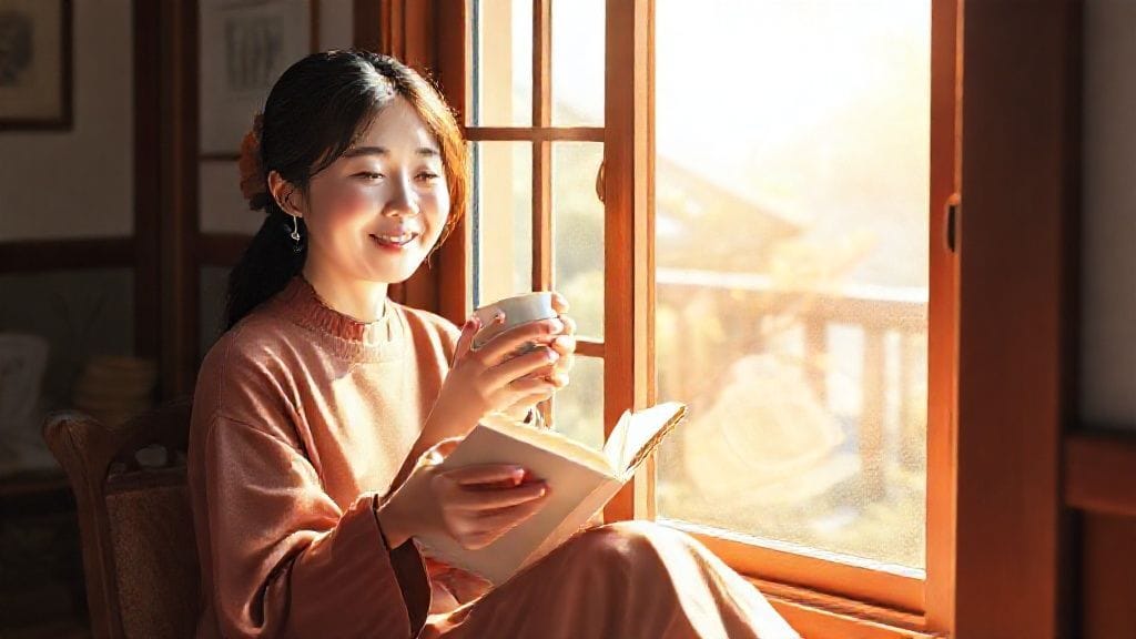 햇살 가득한 창가에서 커피를 마시며 독서하는 여유로운 노비의 모습