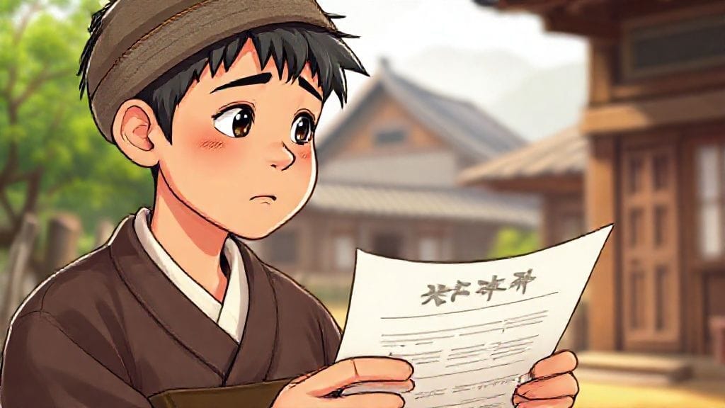 고민하는 노비가 국민연금 서류를 들여다보는 모습