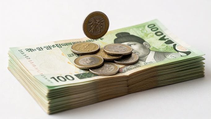 은행 통장 여러 개가 쌓여있고, 그 위에 엽전이 놓여 있는 모습. 엽전들이 활발하게 움직이는 듯한 동적인 느낌을 준다.