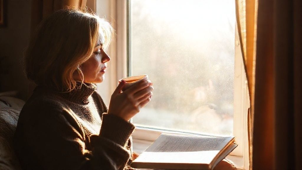 햇살이 비치는 창가에서 따뜻한 차를 마시며 책을 읽는 편안해 보이는 사람