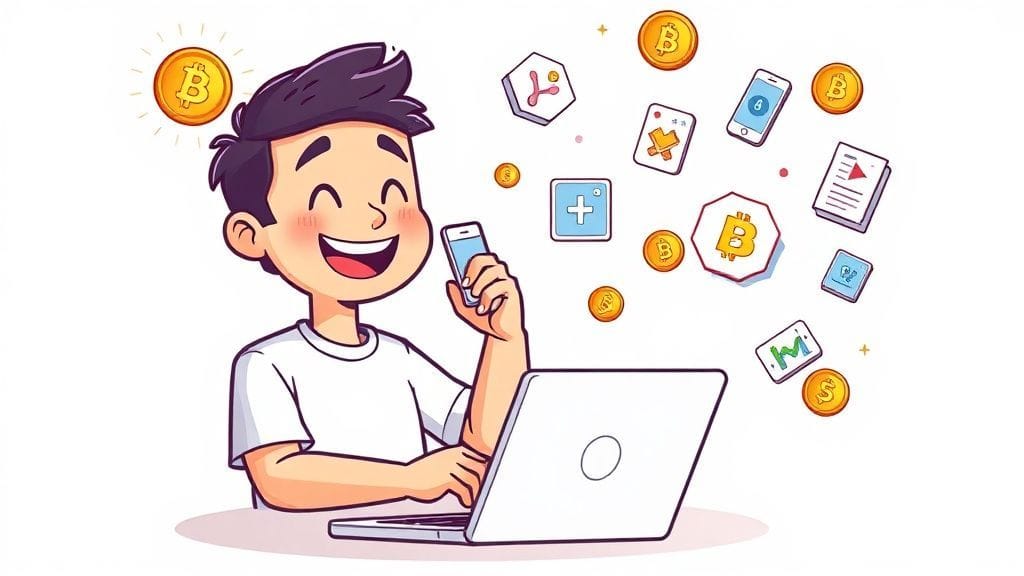 컴퓨터와 스마트폰을 활용하여 엽전을 관리하는 노비의 모습. 배경에는 다양한 금융 앱 아이콘들이 떠다닌다.