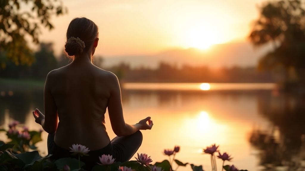 해 질 녘 고요한 호숫가에서 명상을 하는 사람의 뒷모습. 주변에는 작은 연꽃들이 피어 있고, 따뜻한 노을빛이 비치고 있다.