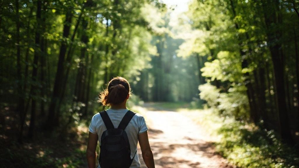 싱그러운 숲길을 걷는 사람의 뒷모습. 햇살이 나뭇잎 사이로 비추는 평화로운 장면.