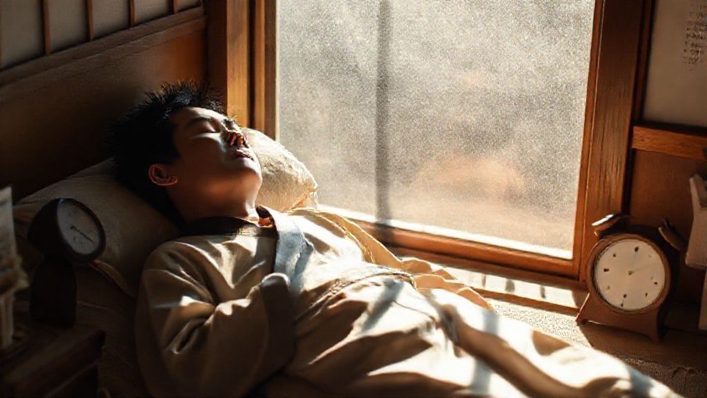 밝은 햇살이 드는 아늑한 공간에서 평화롭게 낮잠을 자는 노비의 모습. 옆에는 작은 시계가 놓여 있고, 편안함과 활력이 느껴진다.