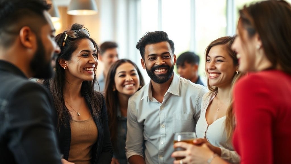 여러 사람들이 서로 마주 보고 웃으며 즐겁게 대화하는 모습. 배경에는 밝고 따뜻한 분위기의 카페나 모임 공간이 보인다.