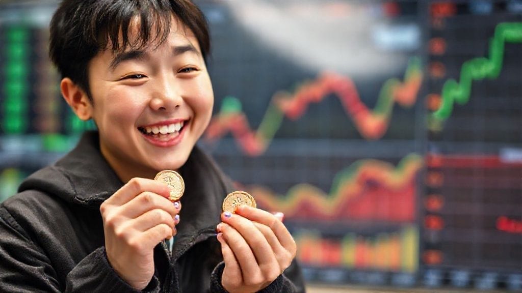 경제 초보 노비가 웃으며 배당금으로 받은 엽전을 세고 있는 모습. 배경에는 주식 차트와 배당금 그래프가 흐릿하게 보인다.