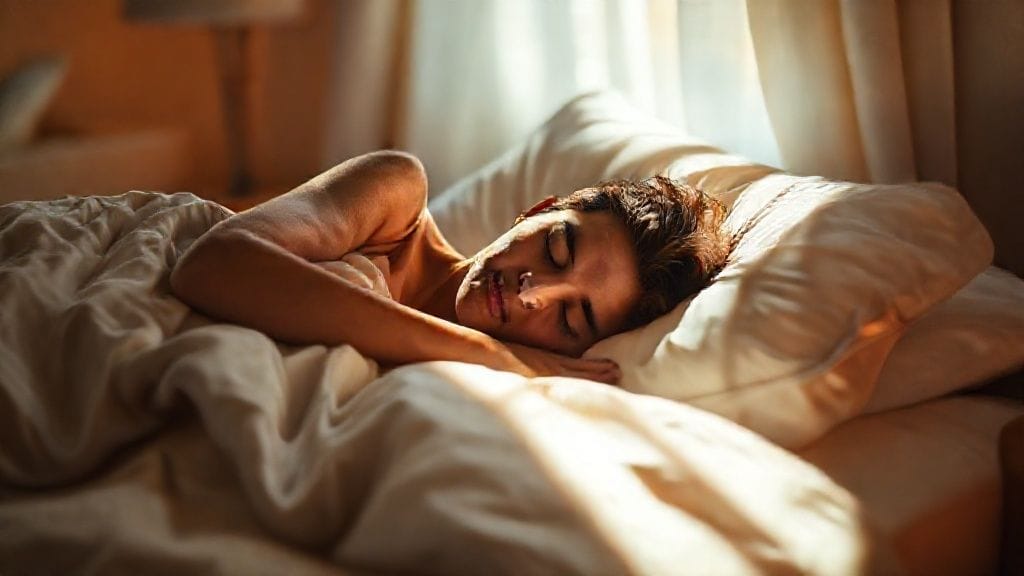 아늑한 침대에서 편안하게 잠든 사람의 모습. 주변에는 부드러운 빛이 감돌고 있다.