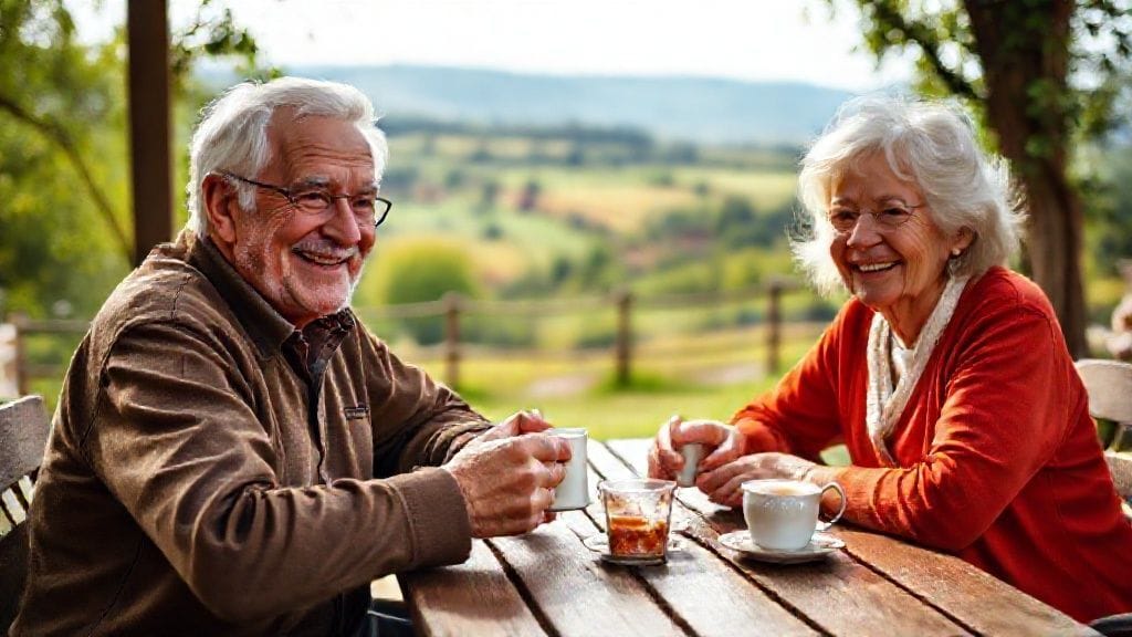 노년의 부부가 편안하게 웃으며 야외 테이블에 앉아 차를 마시는 모습. 뒤로는 평화로운 전원 풍경이 펼쳐져 있다.