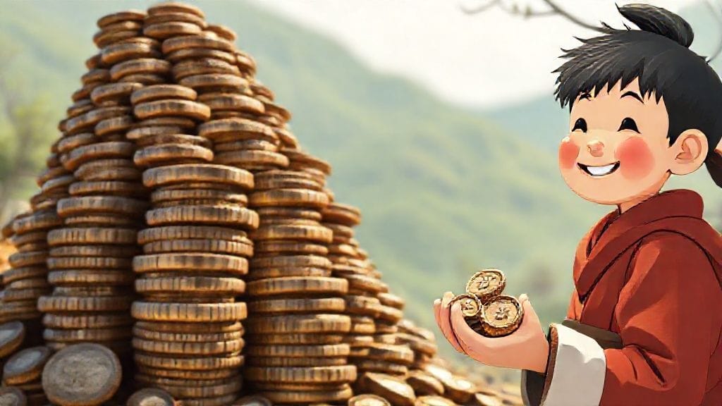 작은 엽전들이 모여 큰 산을 이루고 있는 모습. 한 손에 동전 몇 개를 들고 환하게 웃는 노비의 모습