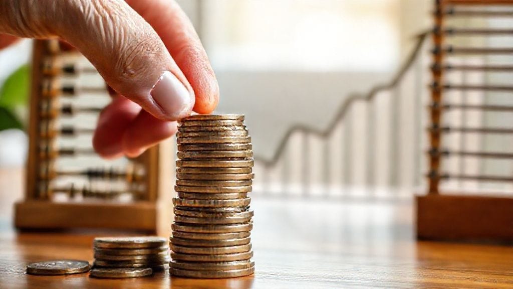 신용 점수를 엽전처럼 쌓아 올리는 손과 주판, 그리고 그래프가 그려진 이미지