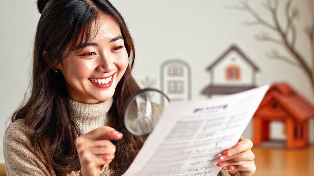밝은 미소를 짓고 있는 젊은 여성이 돋보기로 보험 약관을 꼼꼼하게 살펴보는 모습. 옆에는 엽전 꾸러미가 놓여 있고, 배경에는 병원과 안정적인 집이 아기자기하게 그려져 있다.