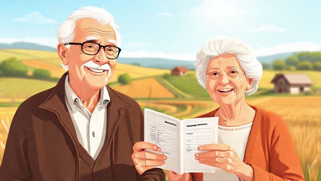 평화로운 시골 풍경에 연금 통장을 들고 웃고 있는 노부부