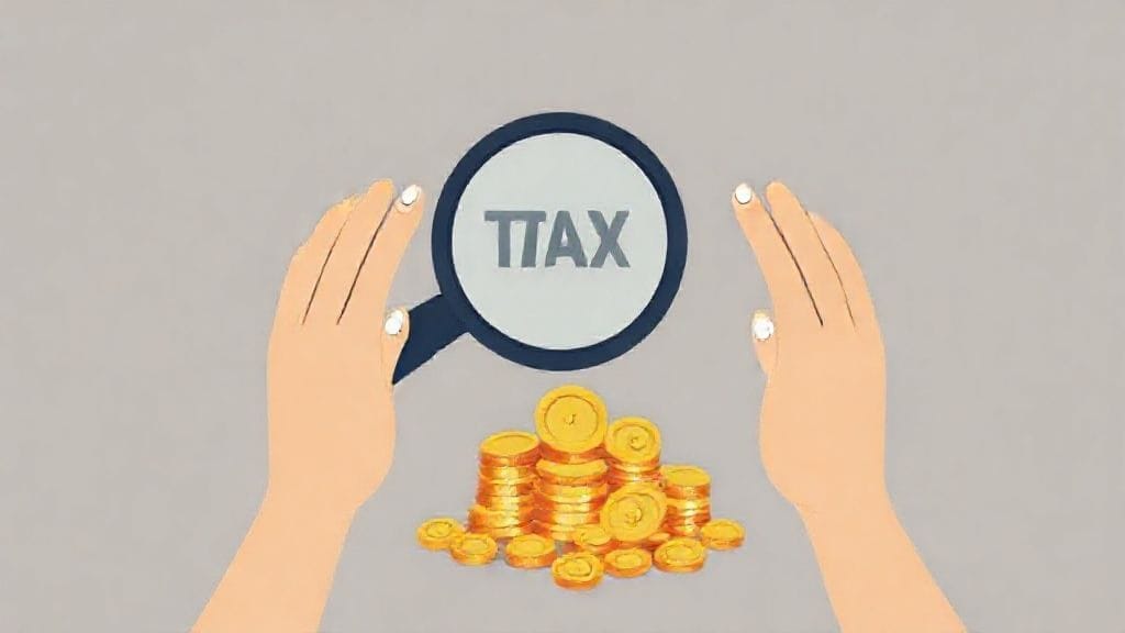 돈이 세금으로 줄어드는 것을 막는 손 모양의 일러스트. 돋보기로 세금 절약 기회를 찾는 모습도 함께 표현.