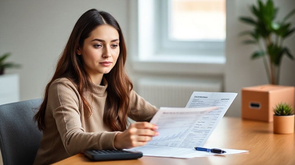 차분하게 앉아 은행 통장 명세서를 들여다보며 재정 관리에 집중하는 젊은 여성