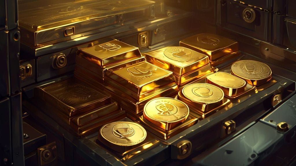 금괴와 엽전이 함께 있는 모습. 금빛으로 빛나는 안전한 투자.