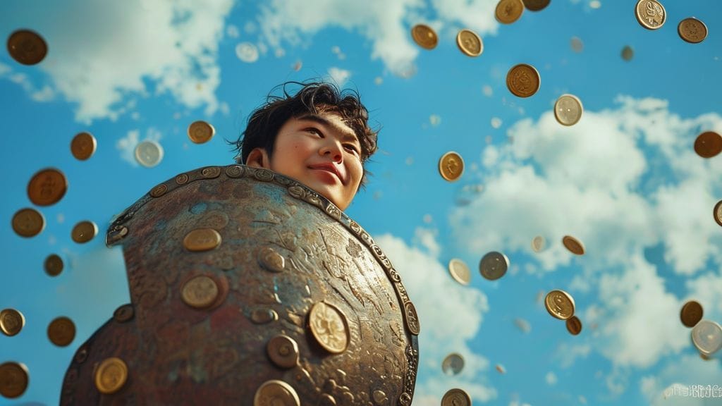 푸른 하늘 아래 든든한 방패를 들고 있는 사람의 모습, 그 주위로 엽전들이 흩날리는 그림. 안정적이고 안전한 미래를 상징합니다.