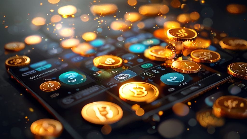 스마트폰 화면에 다양한 금융 앱 아이콘이 하나의 대시보드처럼 통합되어 있고, 그 위에 엽전이 반짝이는 모습