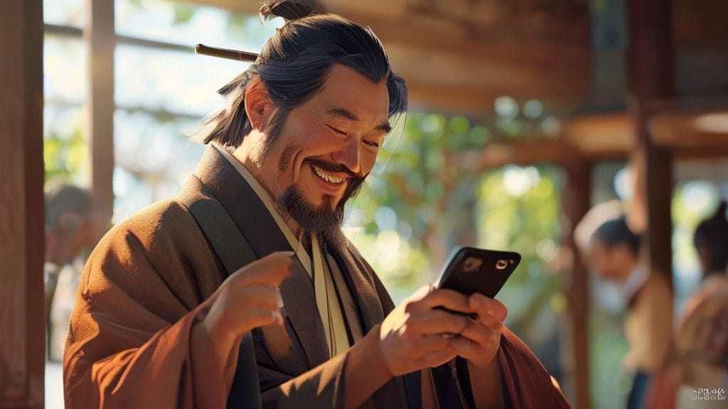 노비가 스마트폰으로 주식 투자 앱을 보고 환하게 웃는 모습