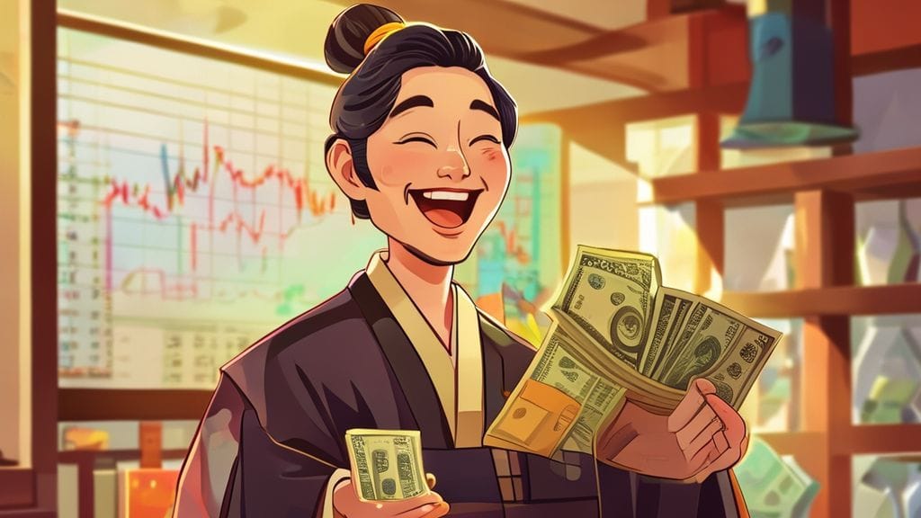 주식 차트를 보며 활짝 웃는 노비가 돈 뭉치를 들고 있는 모습