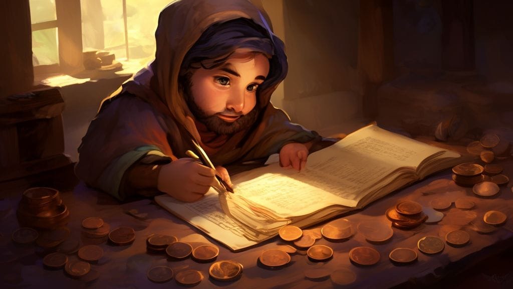 노비가 꼼꼼하게 장부를 들여다보며 예산을 계획하는 모습