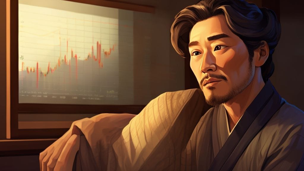 고민하는 노비가 신용 점수 차트를 보며 미래를 계획하는 모습