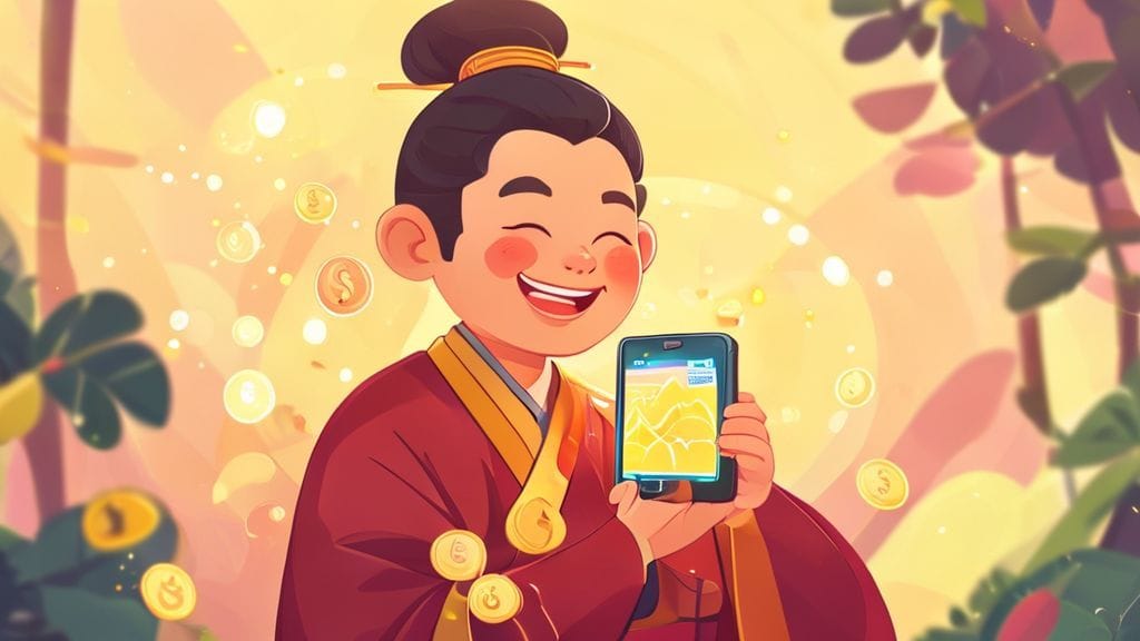 스마트폰으로 투자 앱을 활용하여 엽전을 불리고 있는 노비의 모습. 화면에는 성장하는 그래프와 동전들이 보인다.