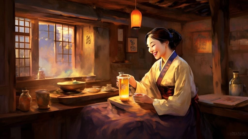 한복을 입은 노비가 은퇴 후 편안하게 앉아 주막에서 술을 마시는 모습