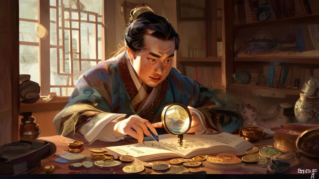 돋보기를 들고 현미경으로 돈의 흐름을 분석하는 노비의 모습. 주변에는 흩어져 있는 엽전들과 장부, 그리고 물음표들이 있다.