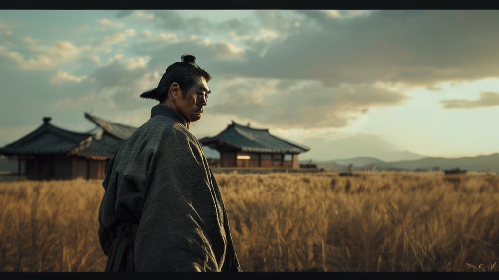 넓은 들판 위에서 한 명의 노비가 굳건하게 서서 바람을 맞고 있는 모습, 배경에는 튼튼한 집이 보인다.