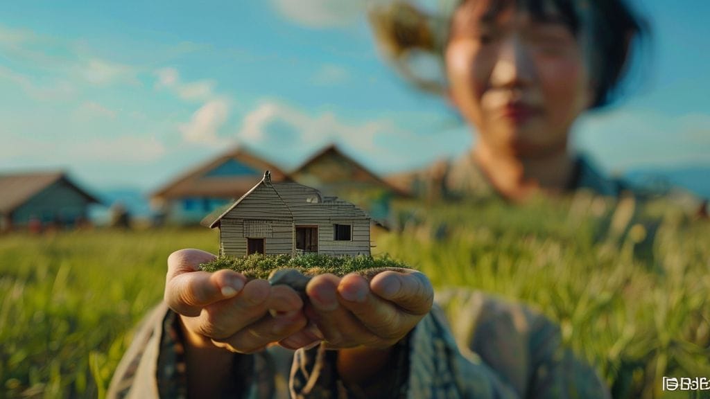 희망찬 표정으로 작은 집 모형을 들고 있는 노비가, 푸른 하늘 아래 넓은 들판에 서 있는 모습. 뒤로는 아담한 집들이 보입니다.