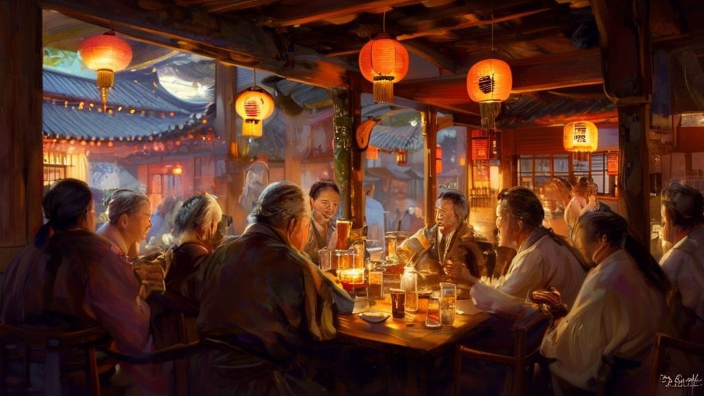 은퇴 후 주막에서 친구들과 함께 즐겁게 술잔을 기울이는 행복한 노비들의 모습