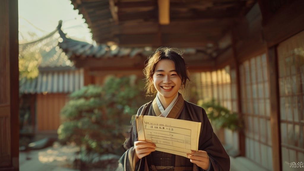 밝은 미소를 짓는 20대 노비가 모던한 기와집을 배경으로 연금 서류를 들고 있는 모습.