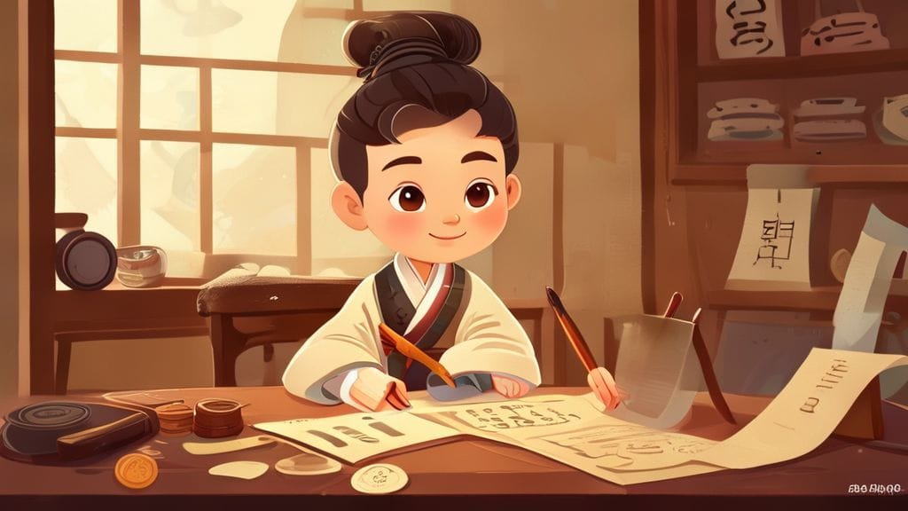 책상에 앉아 엽전과 종이, 펜을 두고 예산을 계획하는 노비의 모습