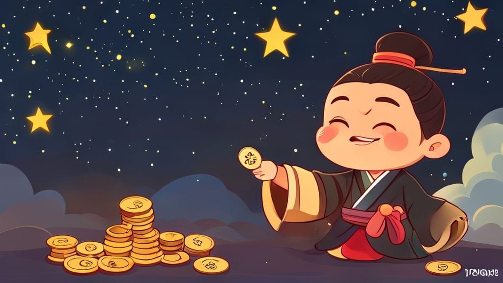 밤하늘 아래에서 열심히 부수입 활동을 하는 노비의 모습, 옆에는 엽전이 쌓여있다.