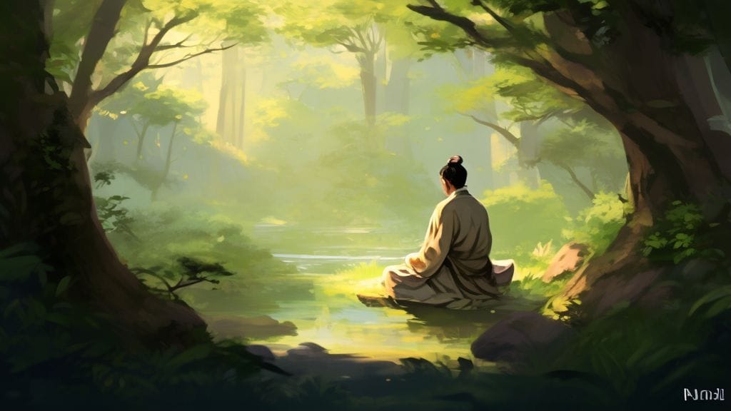 푸른 숲 속에서 평화롭게 명상하는 노비의 모습