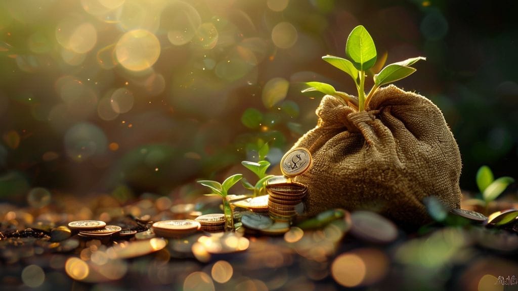 푼돈을 모아 큰 돈으로 만드는 마법을 상징하는, 동전들이 반짝이는 커다란 돈주머니와 그 주위를 둘러싼 작은 싹들이 자라나는 모습