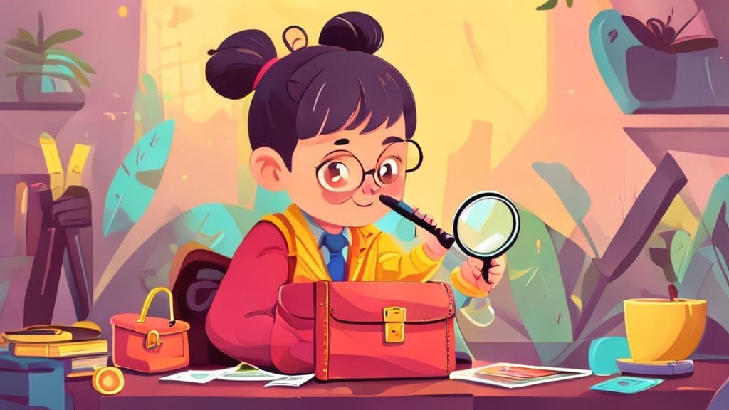 귀여운 노비 캐릭터가 돋보기로 지갑 속 엽전을 들여다보며 신중하게 예산을 세우는 모습