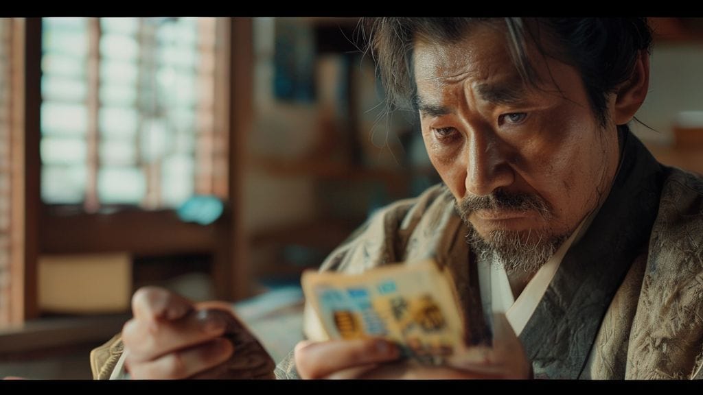 고민하는 표정으로 신용카드와 엽전을 들고 있는 노비가 빚 관리 계획표를 보고 있는 모습