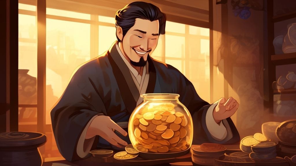 비상금을 모으는 노비의 모습. 엽전이 가득 찬 항아리를 소중하게 지키는 노비가 밝게 웃고 있다.