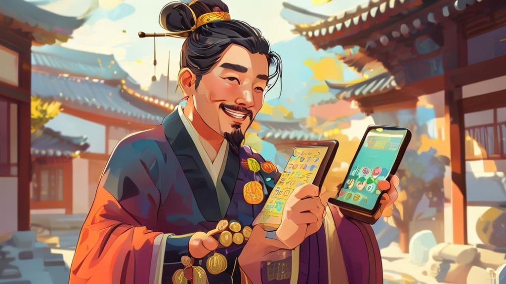 가계부 앱 화면을 보며 환하게 웃고 있는 노비가 주판과 엽전을 들고 있는 모습