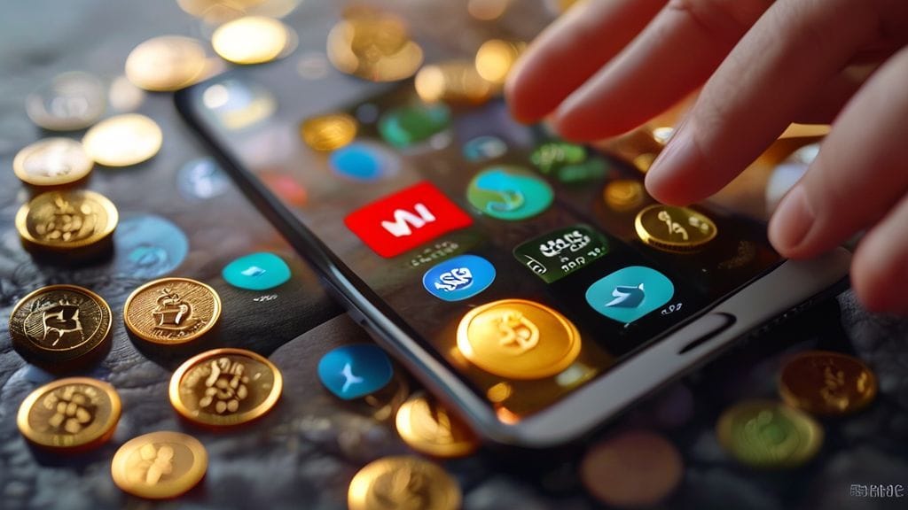 다양한 구독 서비스 아이콘들이 그려진 스마트폰 화면 위로 엽전들이 흩뿌려져 있고, 한 손이 엽전을 잡으려는 모습.