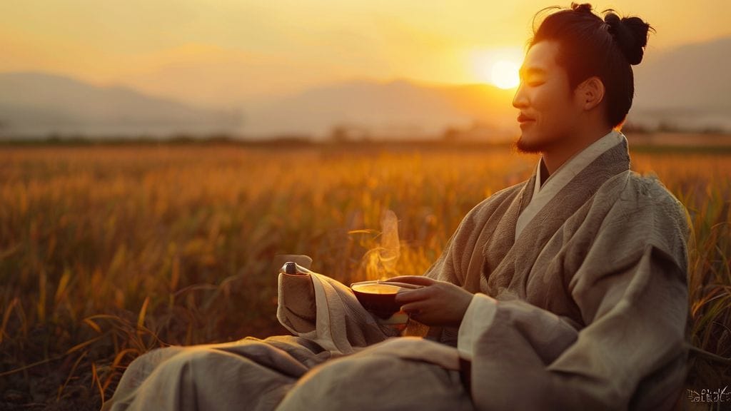 해 질 녘 논밭에서 일과를 마치고 편안하게 휴식하며 차 한 잔을 마시는 노비의 모습. 얼굴에 만족감과 평온함이 느껴진다.