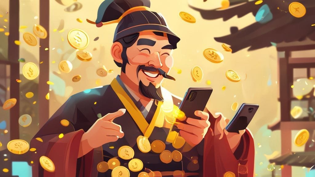 스마트폰으로 가계부 앱을 사용하는 노비의 모습. 쉽고 편리하게 엽전을 관리하는 금손 노비를 표현.