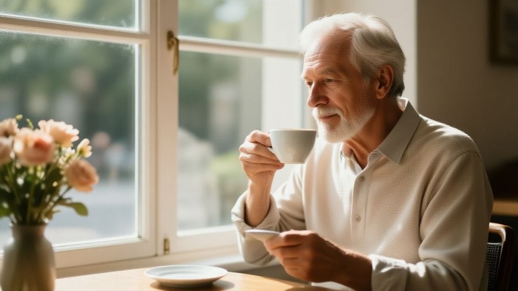 햇살 가득한 창가에서 커피를 마시며 여유로운 시간을 보내는 노비의 모습.