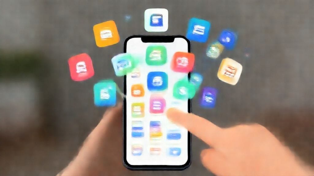 여러 개의 스마트폰 앱 아이콘들이 하나의 큰 스마트폰 화면에 통합되어 보여지는 모습. 손이 여러 앱을 터치하며 자산을 관리하는 듯한 역동적인 이미지.