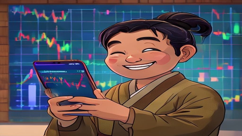 증권사 앱(MTS) 화면을 보며 놀라는 듯한 표정의 노비가 밝게 웃고 있다. 배경에는 그래프와 차트가 보이며, 투자가 쉬워진다는 느낌을 준다.