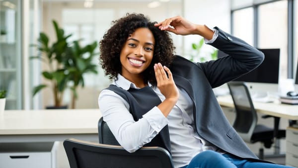 사무실에서 의자에 앉아 스트레칭하는 직장인의 모습