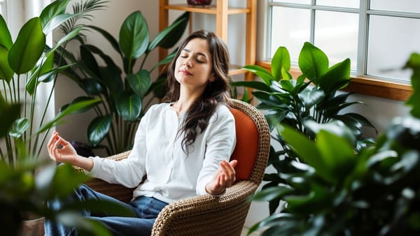 편안한 의자에 앉아 명상하는 여성의 모습