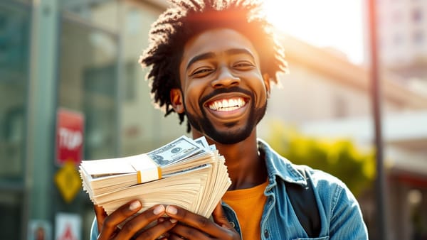 돈다발을 들고 기뻐하는 사람