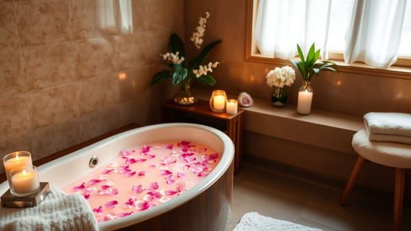 따뜻한 물이 채워진 욕조에 꽃잎이 떠 있는 홈 스파 이미지